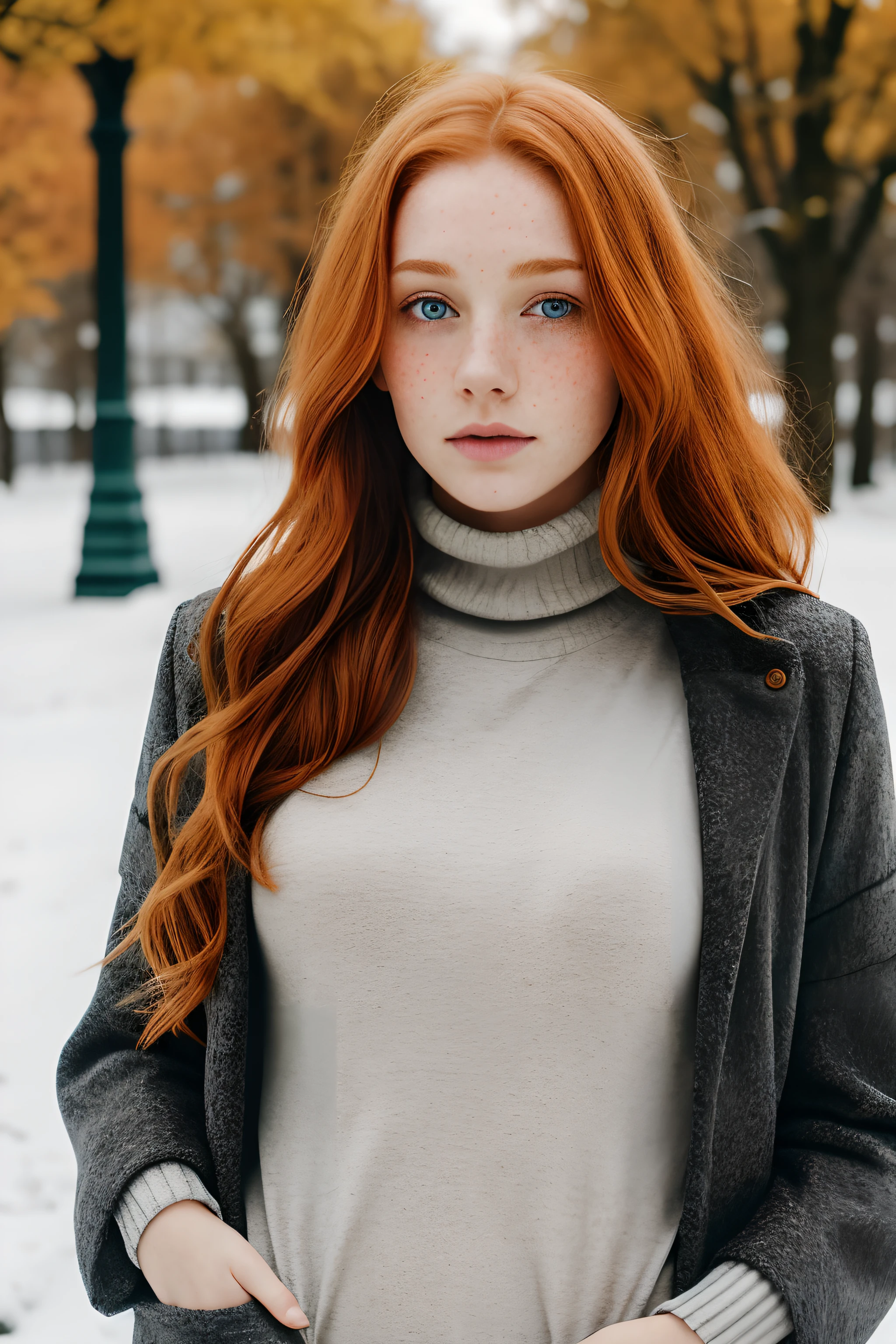 1fille dans, 19 ans, seulement, Aesthetic artwork, rousse irlandaise, wavy red hair, Shoulder-length red hair, yeux gris, yeux gris clair, Quelques petites taches de rousseur, pale skinned, A-cup, petits seins, corps des coureurs, (textured skin, pores de la peau:1.1), (Taupes:0.8), peau imparfaite, chair de poule, à l'extérieur in the Parc de la Ville, Chemin de pierre, neige, Météo de la fin de l'automne, (extremely detailed 8K wallpaper), softlighting, High quality, grain du film, Fujifilm XT3 mise au point nette, f 5.6, 50 mm, High detail, mise au point nette,(natural light), (black winter jacket: 1.3), chandail, Leggings, crazy details, Complex details, hyper detailed