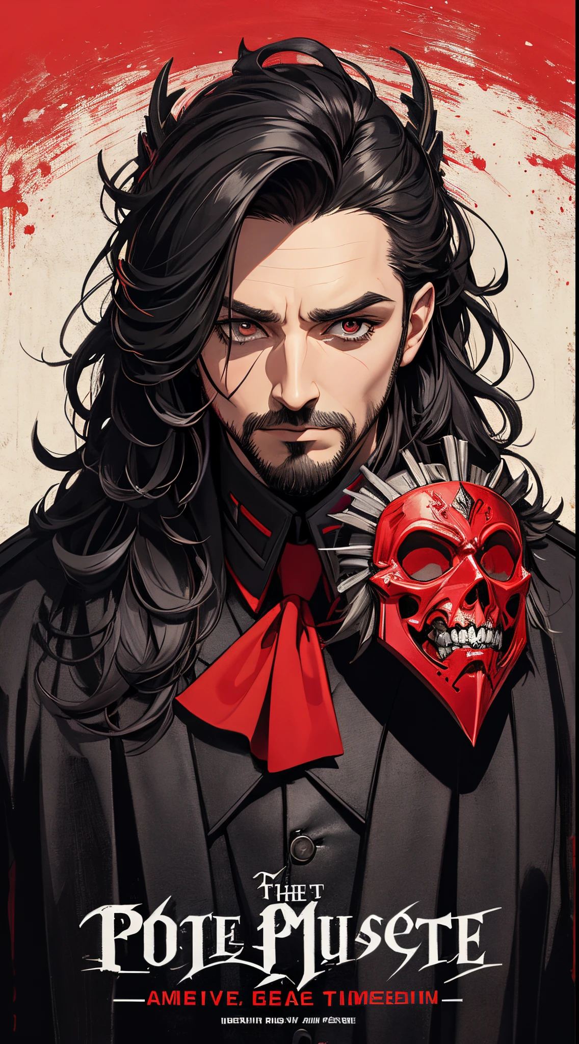 (tmasterpiece, Best quality at best), 8k wallpaper, The  very detailed, poster for, Poe, little beard, Gothic, plunder, red death mask, Rue Morgue, horror thriller movie movie poster, bauhause, shape, ligne, Abstract, propaganda, filmposter, Premium, double contact.