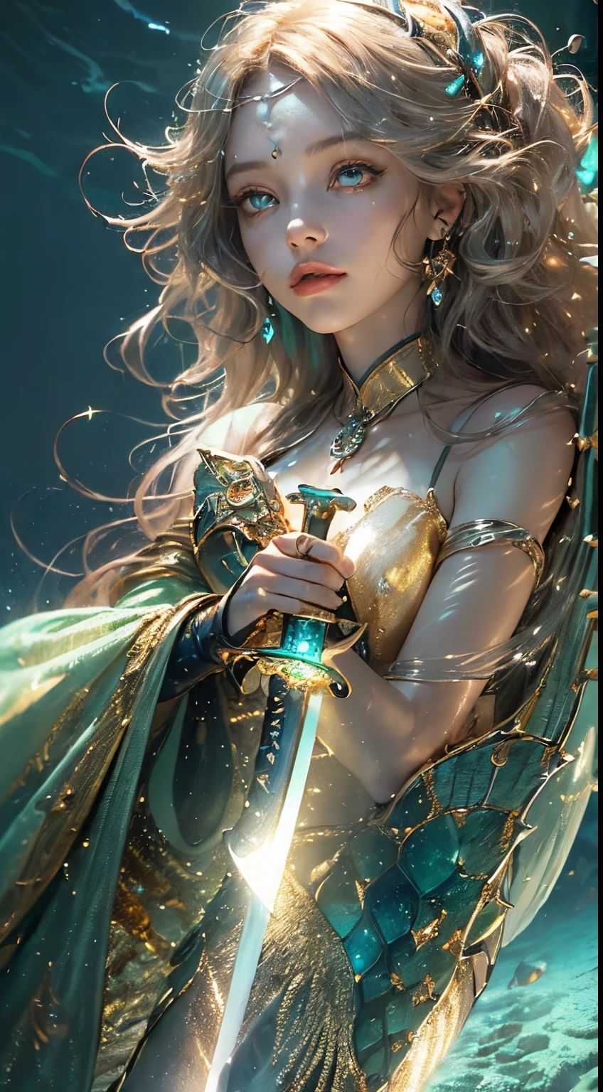((sword in hand:1.8)), (award-winning masterpiece, with incredible detail, textures and maximum detail), (full body view:1.6), (hyper realistic:1.4), (realistic:1.3), (upper body close-up:0.4), (many gold and silver treasures are sunken: 1.8), ( Top Quality Real Texture Skin), (((Underwater))), (Deep Sea: 1.5), (Dark Sea at Night: 1.6)), (Detailed True Circle Symmetrical Eye-Catching Exquisite Face, ((Medieval World)), (Full Length View: 1.6)), ((Mermaid)), ((Mermaid Prince Mermaid Noble)), (Eyes Burning Brightly Like Flames ), (she smiles mischievously), (sunken ship with treasures:1.4), (sunken temple on coral reef), (sunken temple, sunken cathedral, sunken temple ruins, sunken detached temple, sunken ruins of ancient castle, shining majestic water and light, coral reef, (eyes glowing golden in the dark:1.5), (eyes with a strong inner (strong golden light from within:1.5), (bioluminescence:1.5), (full body view:1.6), (swirling water currents and currents in background), (dramatic light), (magnificent scene), (her expression is gentle and beautiful), glass earrings in ears, (dramatic photo:1.4), (( dramatic pose))), (gorgeous photograph), (golden hair), (silver hair), (chestnut hair), (full body view:1.6), ((examining)), ((looking down)), (elaborately crafted necklace around her neck), (bioluminescent with brilliant sparkle:1.3), (flashy Hydromagic: 1.2), (beautiful fish in surrounding area), (luminous magic circle: 1.5), (full body view: 1.6), epic realistic, faded, art book, (Greg Rutkowski: 0.8), (teal and orange: 0.4), (art station: 1.5), cinematic ((neutral hues)), (ticker:1.5), (muted colors:1.2), hyperdetailed, dramatic light, (elaborate detail:1.1), complex background, (muted colors:1.2)