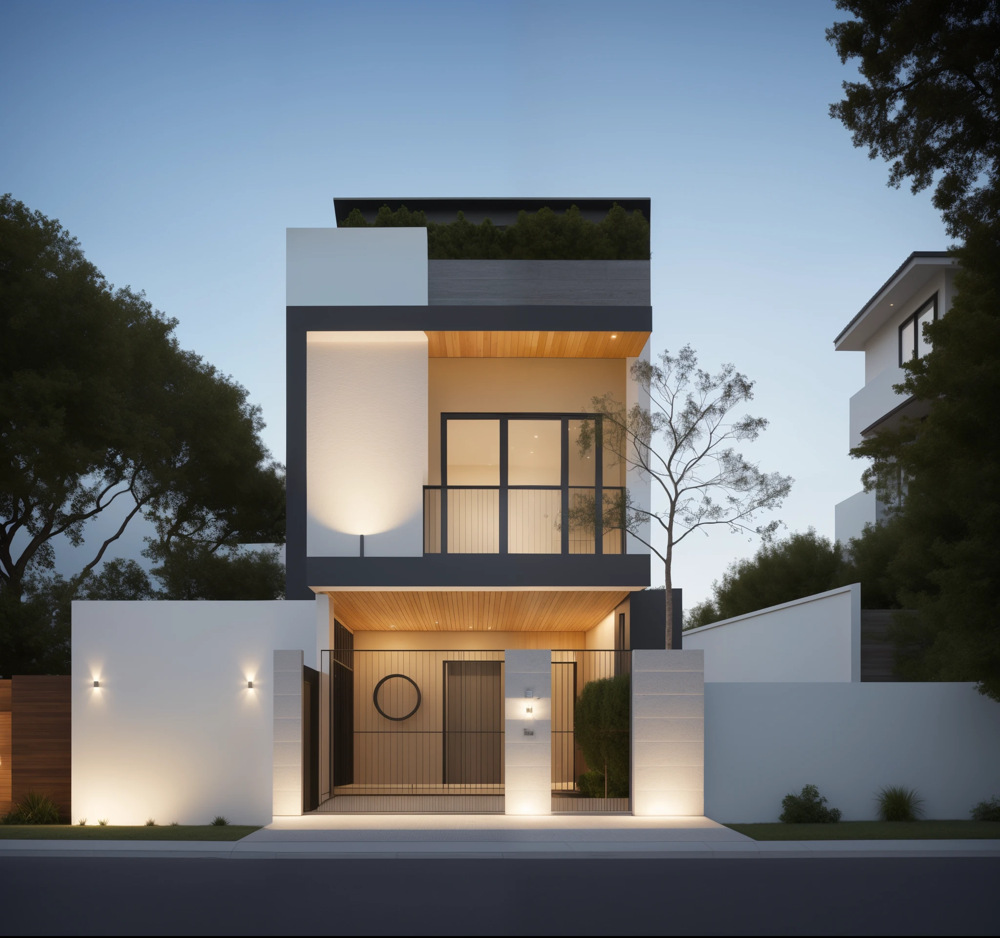 a view of a modern townhouse, main material by white wall and stone and wood,3rd corner house,standing wooden slats, glass railing,iron column I, 1 road runs in front of the house,  (RAW photo, real, best quality, masterpiece:1.2), look morden minimalist, 1 road in front of the house, shime ring light, light brighteness from indoor:1.2, dynamic lighting:1.3, (hyper realistic, photo-realistic:1.2), high quality, day lighht, hight contrast :0.5 perfect lighting, archdaily,  award winning contemporary, contemporary masterpiece, well-designed masterpiece, neotraditional modern, midcentury modern, contemporary house, hip modern vibe, a long-shot from front, award winning modern design, stunning lines, residential, subtle detailing,Green tree in front of the house, (((sunset light))),house in residential area, ((white wall), (light inside the house)
