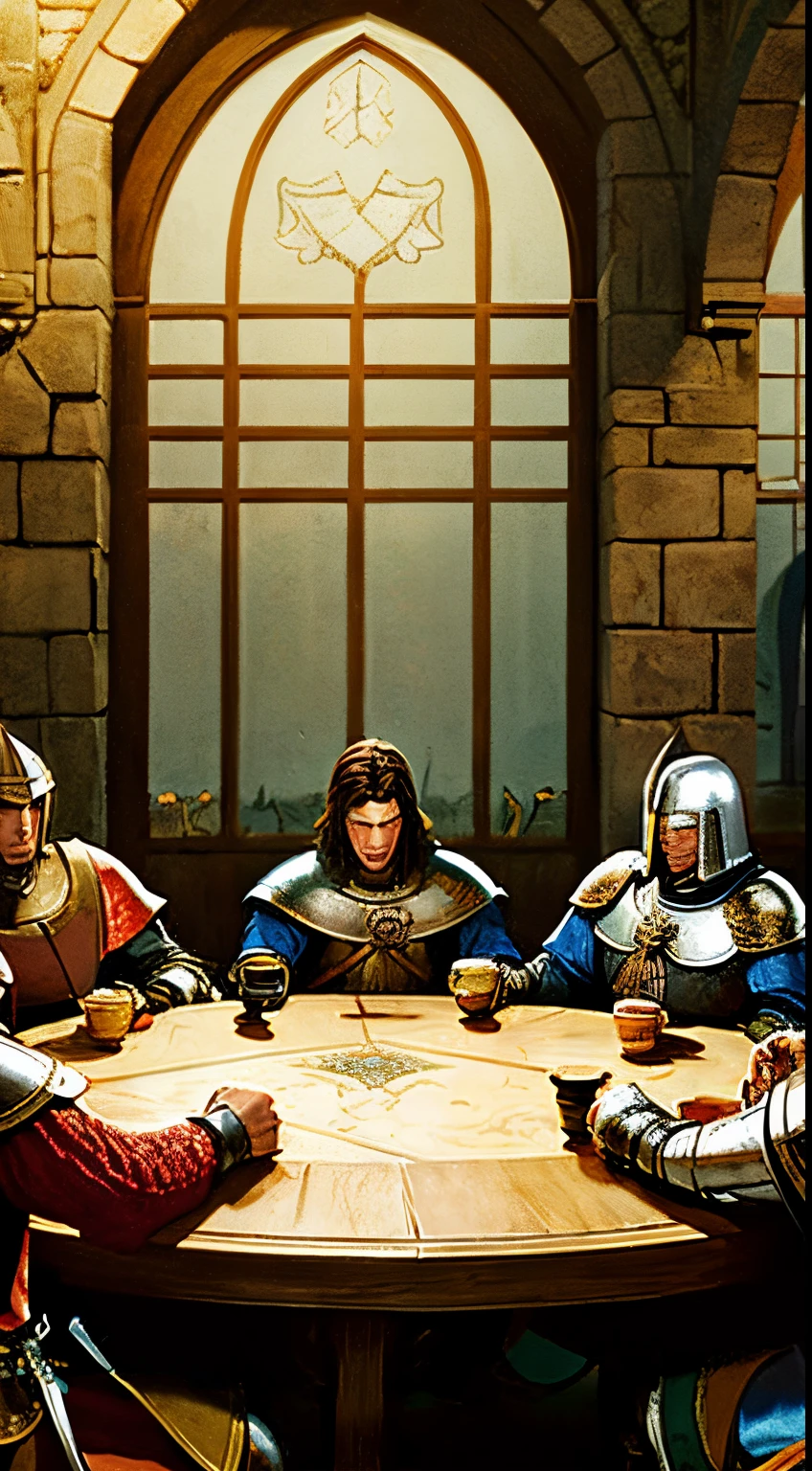 "seven knights of the round table、Please draw an illustration of the heroes sitting around a large round table.。Each knight is a mix of men and women.、It is expressed through powerful poses and elegant sitting postures.。The size of the character is drawn in 3rd life.、Their armor and costumes have fine details。Symbols of food and knights are placed on the table.、Surrounded by medieval castles and landscapes。Unite in this illustration、Pride、It also expresses the strong bond between the knights of the round table.。"