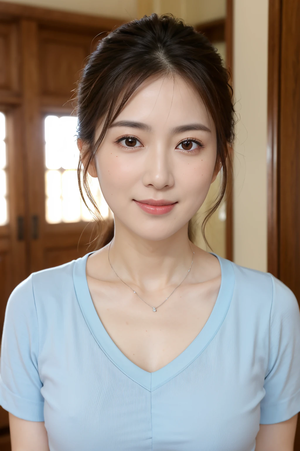 8K, quality, masterpiece, Realistic, 真实感, ultra - detailed, Natural sun light, middlebreast, I can see the cleavage, Light blue V-neck knit, 1人, 35 years old woman, (look at a camera), (seen from the front), beautiful hairl, Fluttering, pendant, extremely detailed face and skin, 詳細な目, extremely detailed face and skin