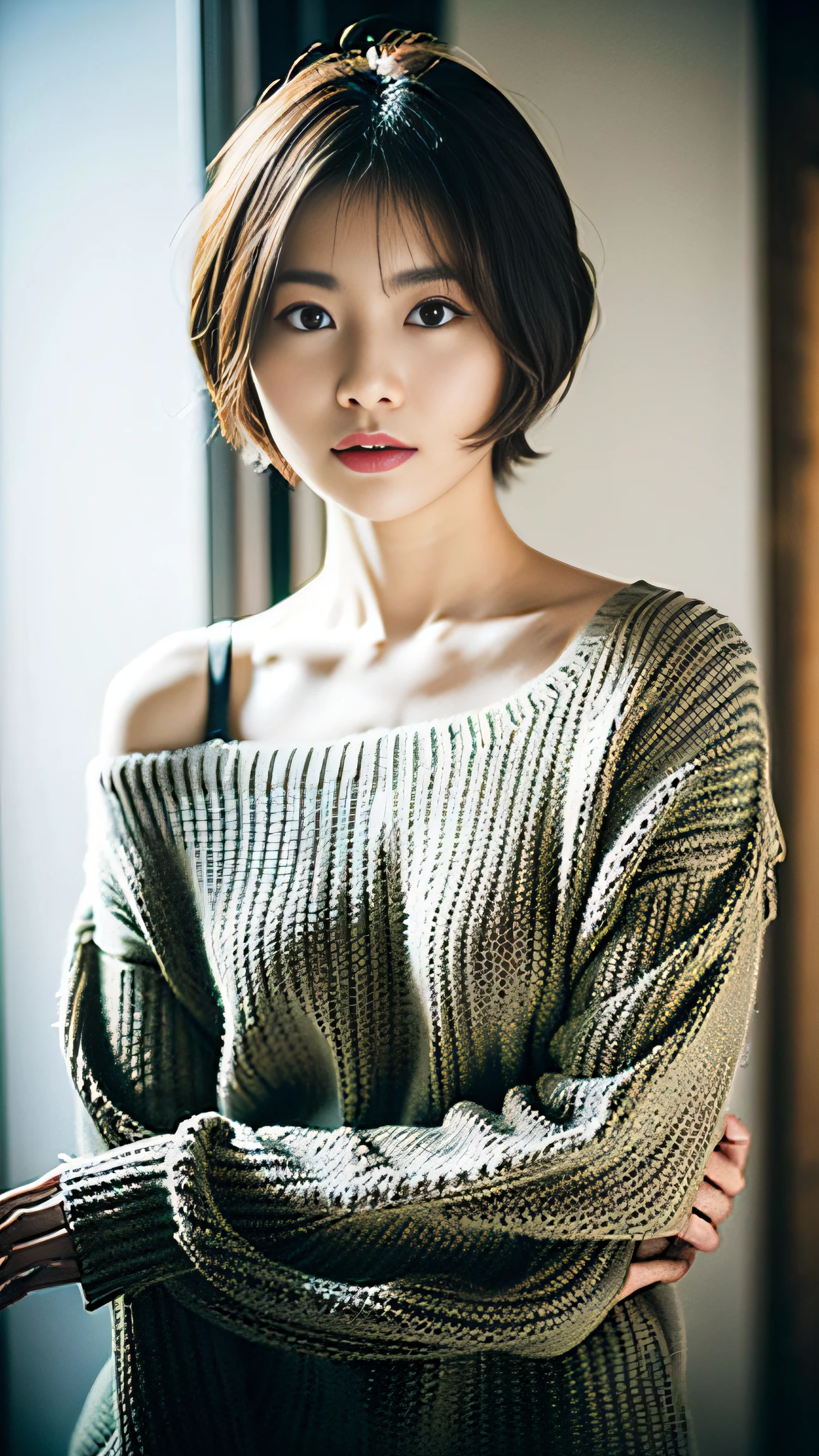 (Best Quality, 8K, 32K, masutepiece, nffsw: 1.2), Japan beauties, Big, Very Shorthair, Upper body, Face Focus, Sweaters,  Background, Watch Viewers