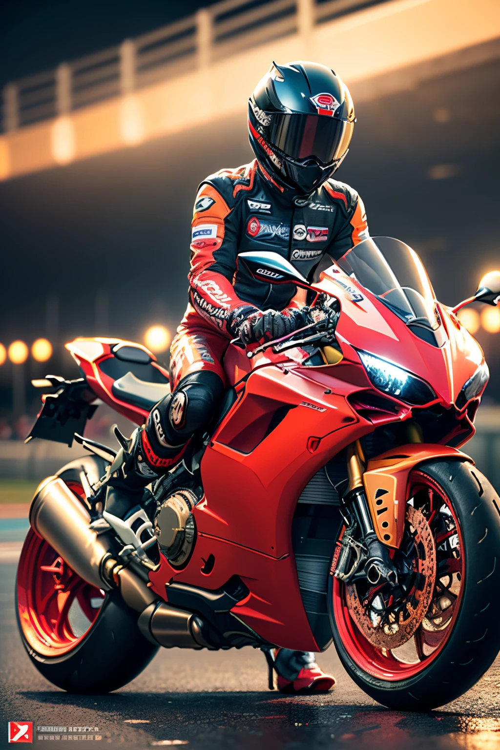 1man, motorcycle rider in red and Black on a red and black riding a Ducati Panigale V4 race motorcycle, there a motorcycle that on a race Popping a wheellie On a race track at night, Stars and moon, race track with it's track with lights, race track background, center Curved composition, on a racetrack, red and Black theme, motorsports photography, arena background, at racer track, game cg, cycles4d render, cycles 3 d render, racing, rgp artwork, dark hangar background, red and yellow back light, cycle render, high detail, Futurism, Realism, Futurism, glowing light, masterpiece, super detail, high details, award winning, high details, hyper-detailed masterpiece:1.5), (beautifuly intricate:1.5), (best quality:1.5), (aesthetic + beautiful + harmonic:1.5), (hyper-detailed face, hyper-detailed eyes, hyper-detailed mouth, hyper-detailed body, hyper-detailed hands, hyper-detailed clothes, and hyper-detailed scenery:1.5), (sharpen details:1.2),