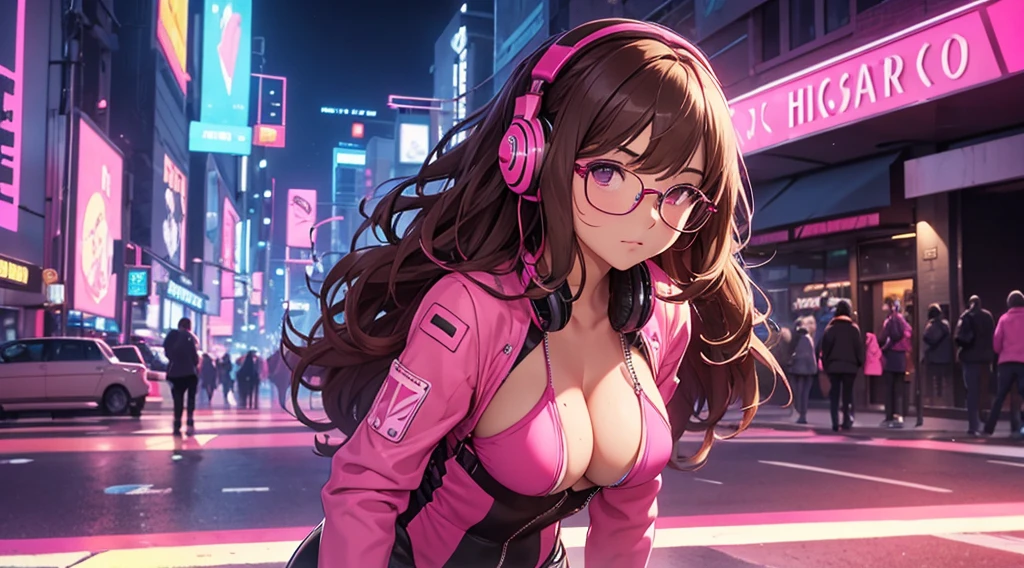 Masterpiece, best quality, 1 girl, brown wavy hair, glasses, pink body suit, headphones, looking at viewer, sexy, alluring, city at night, neon, 80s, synthwave