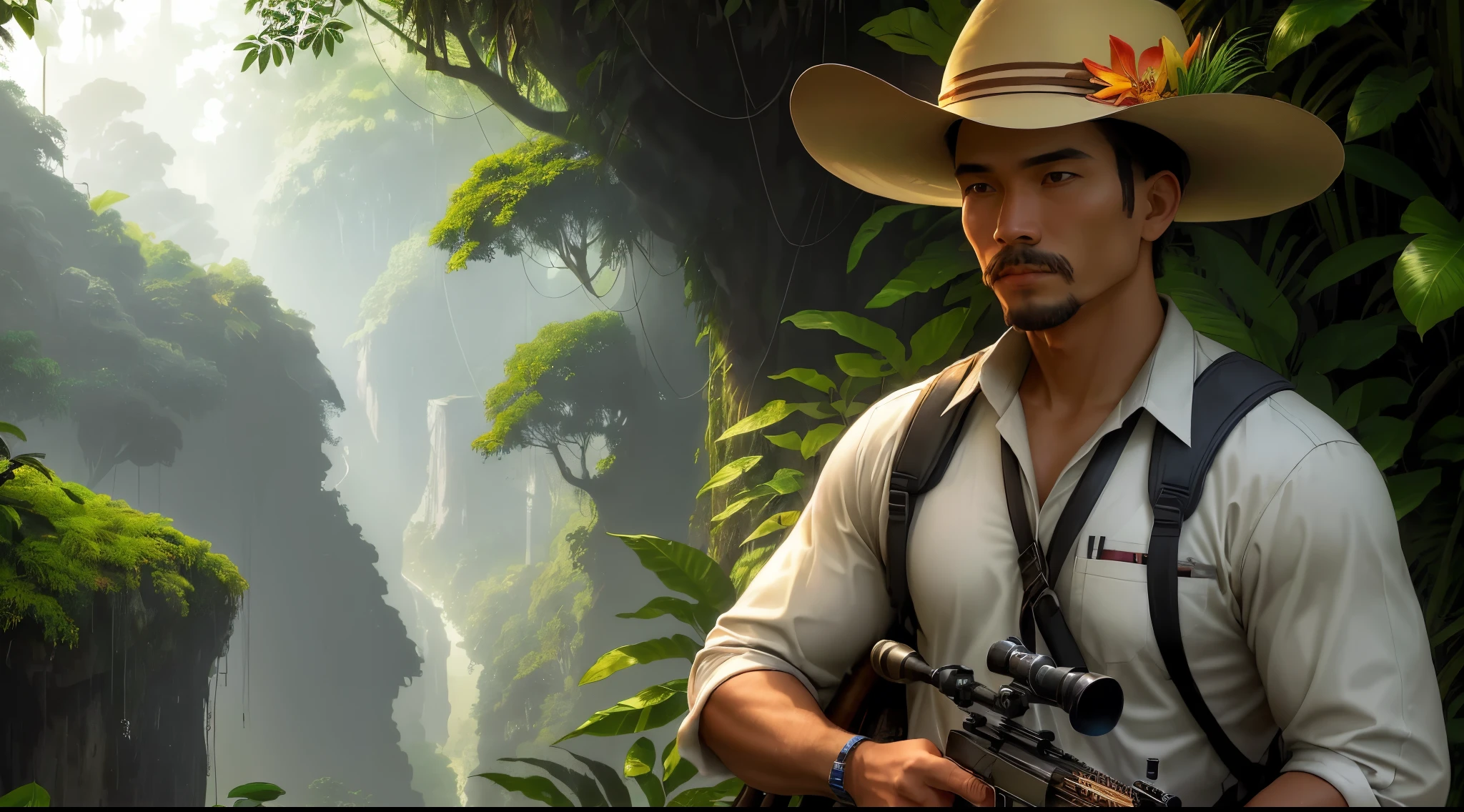 In the heart of a dense and vibrant jungle, a 38-year-old man stands tall, his eyes focused with unwavering determination. Dressed in a combination of traditional Filipino and modern American attire, he holds a powerful scoped rifle in his hands, its sleek design contrasting against the lush greenery surrounding him. Sunlight pierces through the dense canopy above, casting a warm glow on his face and highlighting the determination in his eyes. As he takes aim with precision, the exotic flora and fauna of the jungle serve as both his backdrop and his audience. Majestic trees tower above, their branches adorned with colorful orchids and vines. Butterflies dance in the air, while curious monkeys observe from the safety of the treetops. The atmosphere crackles with energy, as if the man is a guardian of this untamed wilderness, ensuring its balance and protection. The artwork captures the intricate details of the jungle, from the rich textures of the foliage to the vibrant hues of the flowers. The composition is infused with a sense of realism and cinematic beauty, transporting the viewer into this immersive wilderness experience. : man, scoped rifle, dense jungle, traditional Filipino attire, modern American attire, sunlight piercing through canopy, determination, exotic flora and fauna, majestic trees, colorful orchids, vines, butterflies, monkeys, guardian, untamed wilderness, balance, protection, realistic, cinematic.