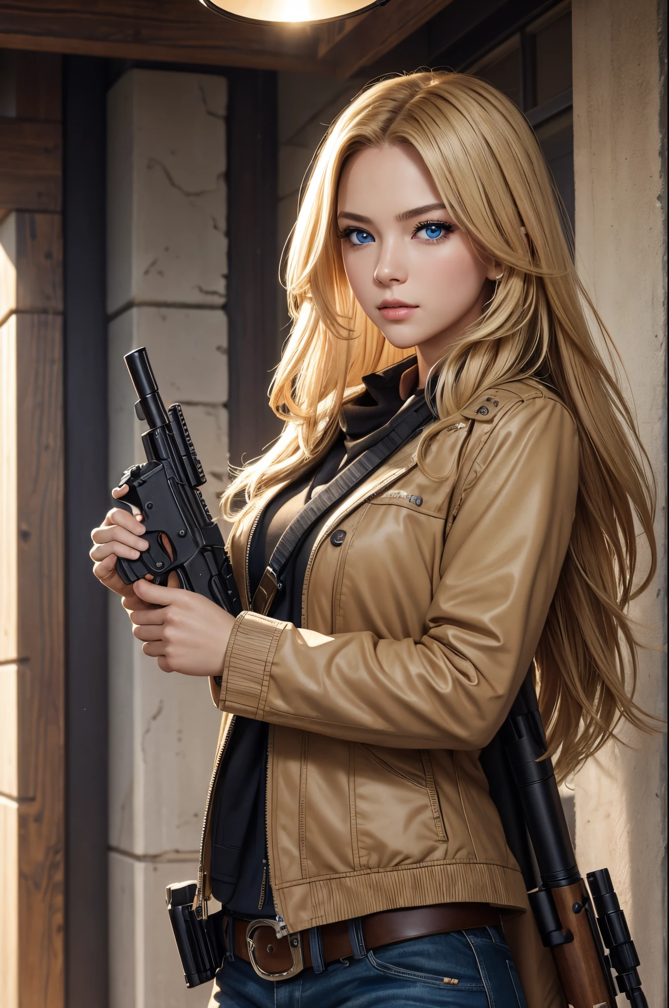 8K,1, ((Aiming at the viewer with a gun)), pistol, ((Grab a handgun)), ​masterpiece, detailed shadow, Detailed light, ighly detailed, top-quality, HD, 4K, hightquality,outside of house、In front of the station、Cowboy Shot、、profetional lighting、((decent looking gun)),超A high resolution,super realistic skin,Blonde semi-long,Blue eyes,