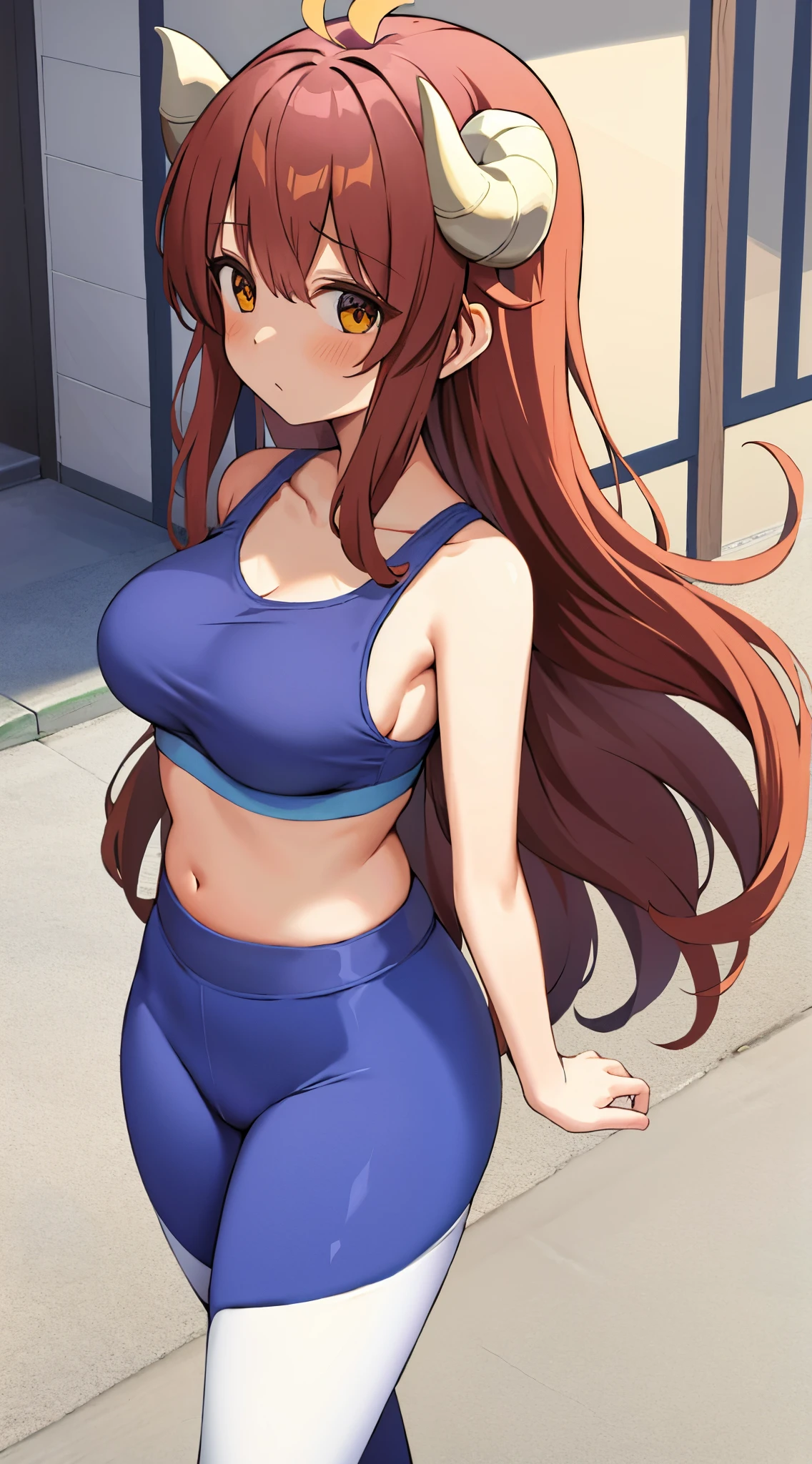 best quality, masterpiece, highly detailed, illustration, 1girl, solo, yoshida yuuko \(machikado mazoku\), horns, shamiko, city street, standing, cowboy shot, leggings, sports bra