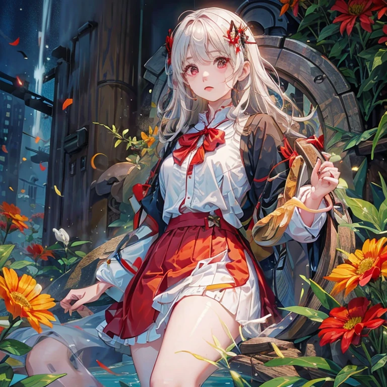 A girl with white hair and red eyes wears a hairpin made of Bana flowers and wears a red and black skirt in the sea of Bana flowers.