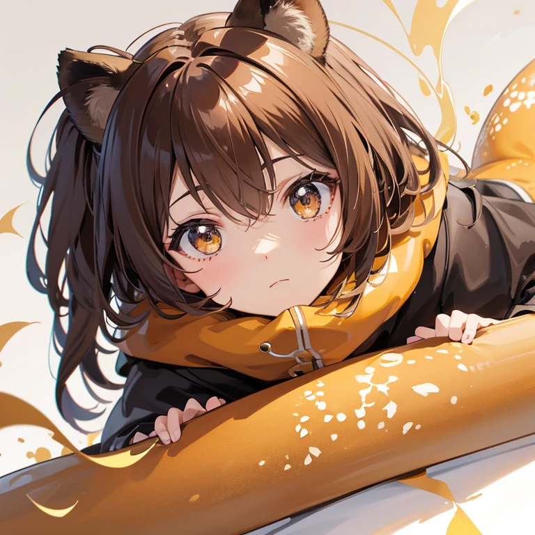 A playful gaze stares straight ahead.、Caramel otter with a very short coat,create realistic images。. Background abstract in different shades of brown. The brown spots in the background are、Blends smoothly with yellow shades.