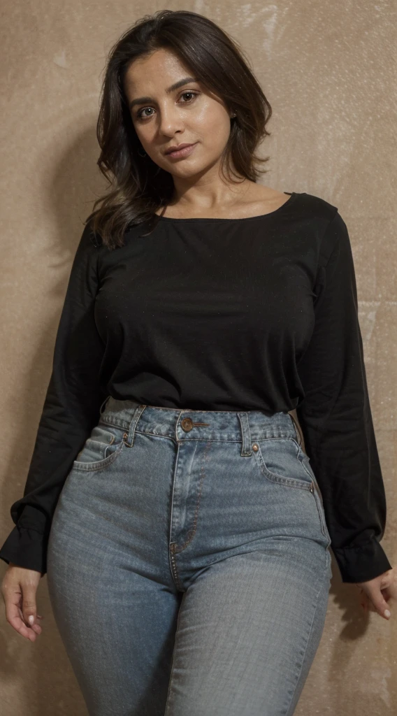 arafed image of a woman with a surprised look on her face, elaine duillo-imane anys-jaya su berg-leni robredo merged, entire body visible, middle-aged new york italian mother, 50 years old, short fat round body, stumpy body, thick, chubby body, plump body, wearing a black long sleeve blouse and jeans