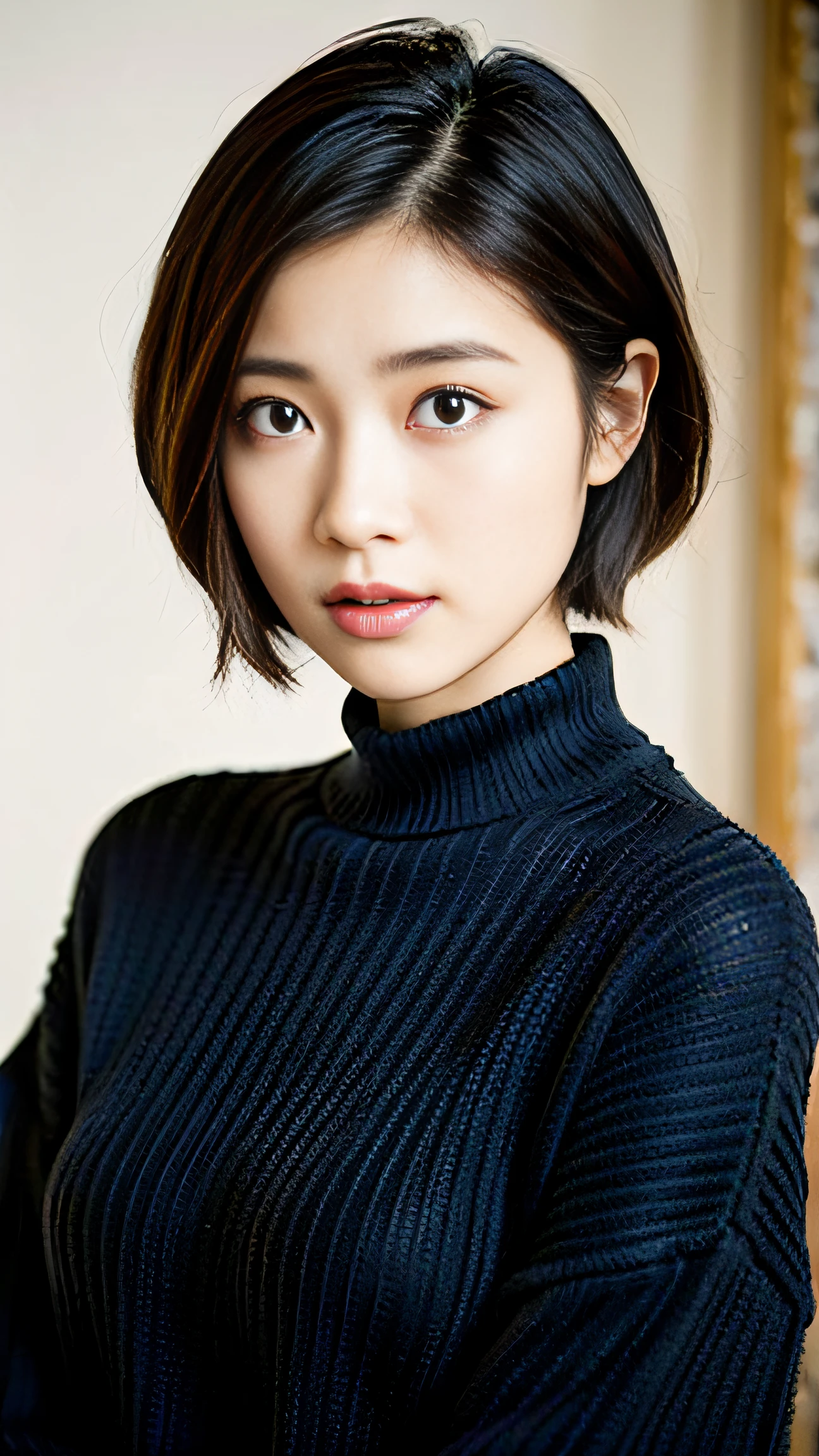 (Best Quality, 8K, 32K, masutepiece, nffsw: 1.2), Japan beauties, Big, Very Shorthair, Upper body, Face Focus, Sweaters, Background, Watch Viewers