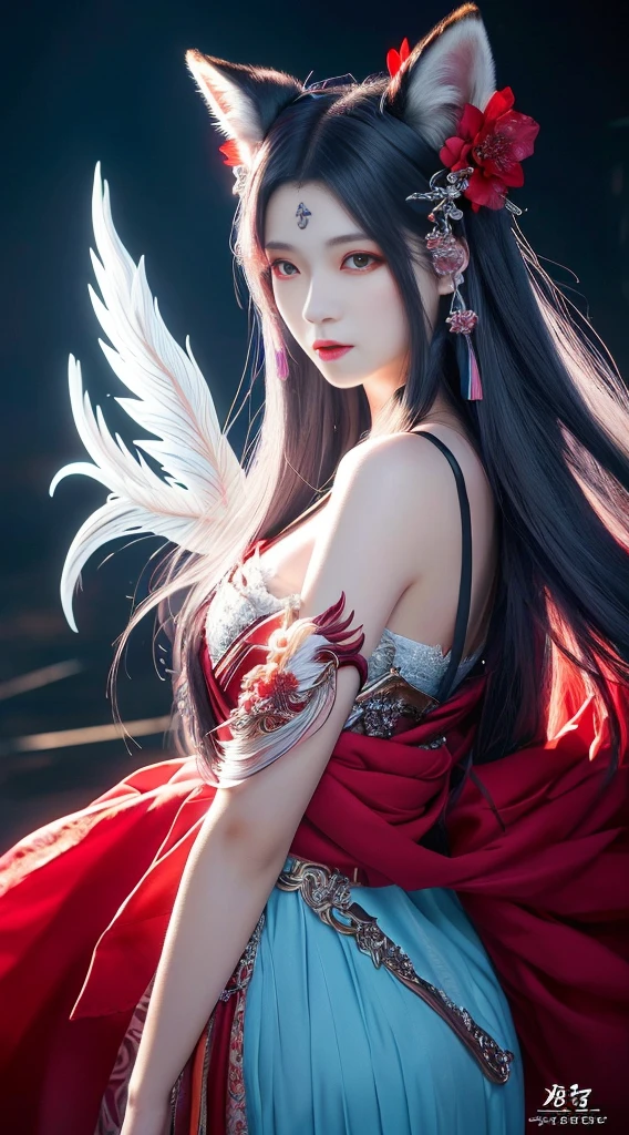 A delicate and lovely ancient goddess with lustrous black hair. She wears a white and red miko wear. The background is a fantastic and ethereal night sky, as if possessed by a specter. Her expression is stern and atmospheric.