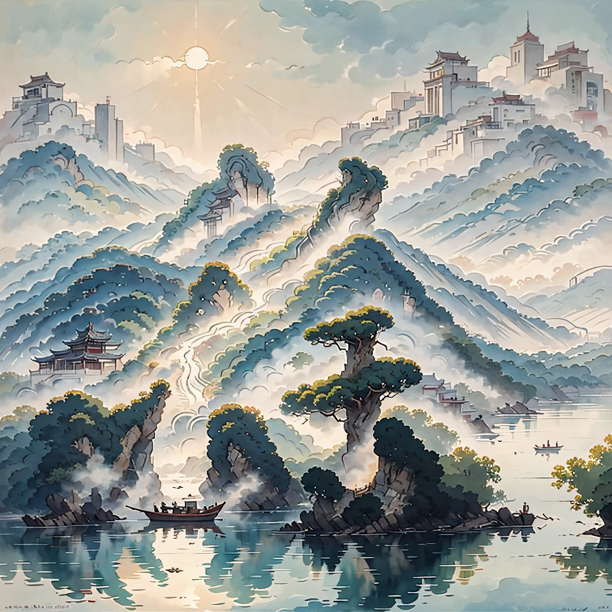 （Depth of field effect）Ancient Chinese buildings on an isolated island，kiosk，Bamboo miscellaneous tree，​​clouds，green trees，Orange trees, chinese watercolor style, chinese painting style, Chinese landscape, traditional Chinese watercolor painting, chinese paintings, High detail watercolor 8K, highly detailed water colour 8 k, Reflection on the Seine，click a little，The boundaries between light and shadow are clear，light and shadows，light and shadow effect，The background  blurred out