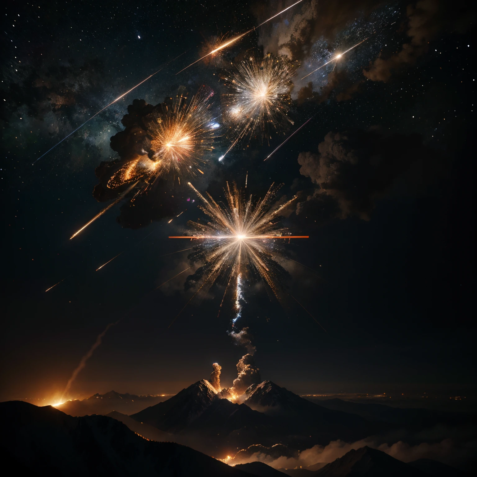 super high quality, 8k, RAW photo, realistic, detailed and delicate depiction and flashy and dynamic painting method, meteorite bursts into flames as it enters the atmosphere, background galaxy