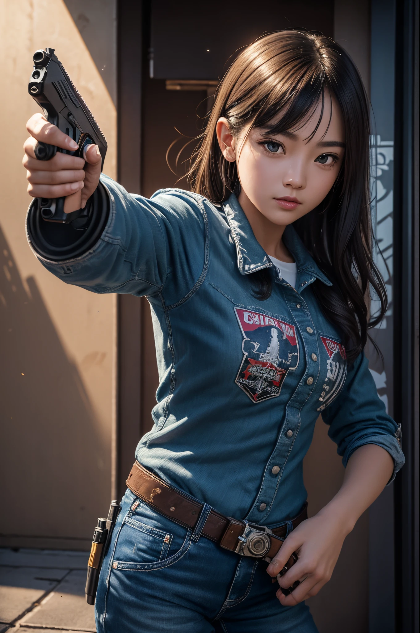 8K,1girl, ((Aiming at the viewer with a gun)), pistol, ((Grab a handgun)), ​masterpiece, detailed shadow, Detailed light, ighly detailed, top-quality, HD, 4K, hightquality,outside of house、In front of the station、Cowboy Shot、、profetional lighting、((decent looking gun)),