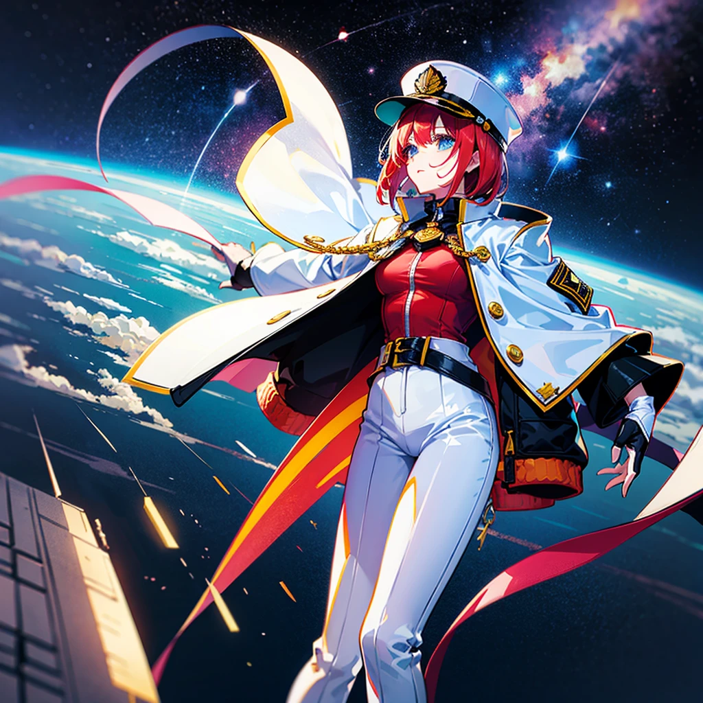 (((masterpiece)))、(((Top image quality)))、(((top-quality)))、(Illustration of one woman)、30-years old、(Viceroy)、((Red-haired shorthair))、(Thin hair hanging down both sides of the face)、Blue eyes、((Tall))、((Muscle Woman、stocky build、muscular legs、broad shoulders、solid chest))、((Military uniforms))、((Military Cap))、((Military coat))、(white clothes)、(White pants)、(White cap)、trench coat、((Spacecraft Bridge))、(Outside the window、kosmos、Earth seen from space、Spaceport)