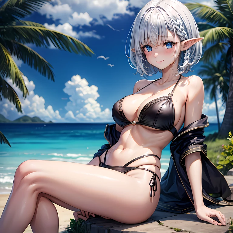 beta, 1 girl, sliver hair, pointy ears, blue eyes, beach, large breasts, short hair, erotic, elf, sweat over body, blush, smile, bikini, fix eyes, show legs,