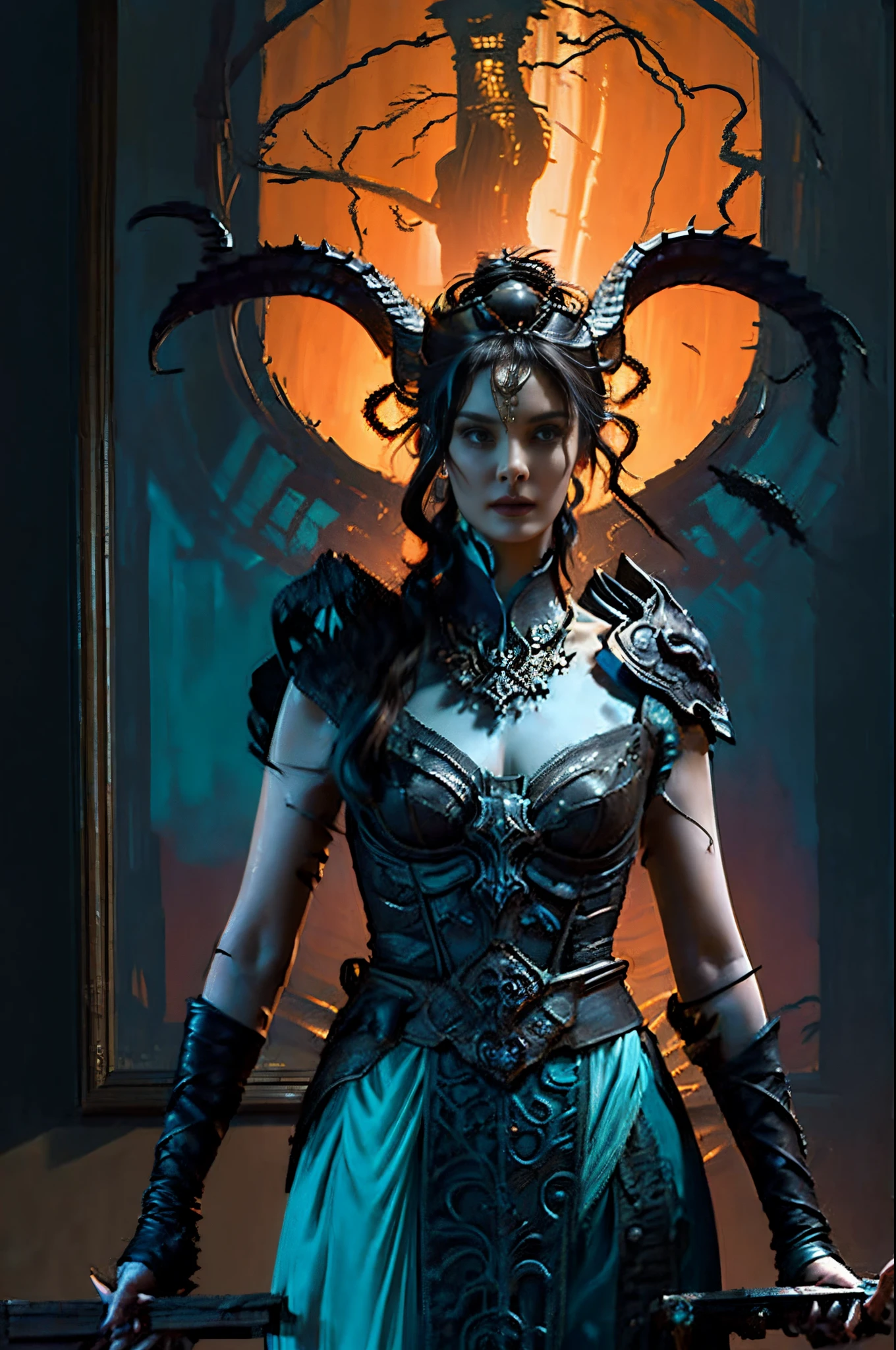 's, gothic art, lightand shade contrast, Standing painting, estimate, holland angle, emphasis lines, tmasterpiece, acurate, Anatomically correct, A high resolution, Best quality at best, super detailing, Award-Awarded，D14bl0 style medusa，((1girl))，((yangmi)), (4 arms), greek myth, Lamia，((Clean skin))，((详细's脸))，((Clean face))，((詳細な目))，((correct hand))，((Correct ???????)), Epic war fantasy digital art，(greg rutkovsky:0.8), (cyan and orange:0.4），People drawing, Standing painting