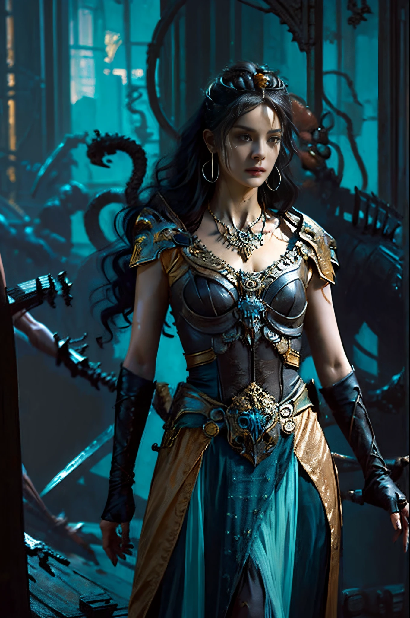 's, gothic art, lightand shade contrast, Standing painting, estimate, holland angle, emphasis lines, tmasterpiece, acurate, Anatomically correct, A high resolution, Best quality at best, super detailing, Award-Awarded,D14bl0 style medusa,((1girl)),((yangmi)), (4 arms), greek myth, Lamia,((Clean skin)),((详细's脸)),((Clean face)),((詳細な目)),((correct hand)),((Correct anatomy)), Epic war fantasy digital art,(greg rutkovsky:0.8), (cyan and orange:0.4),People drawing, Standing painting