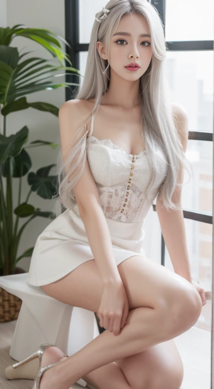 White hair, brown skin, sexy, 20s