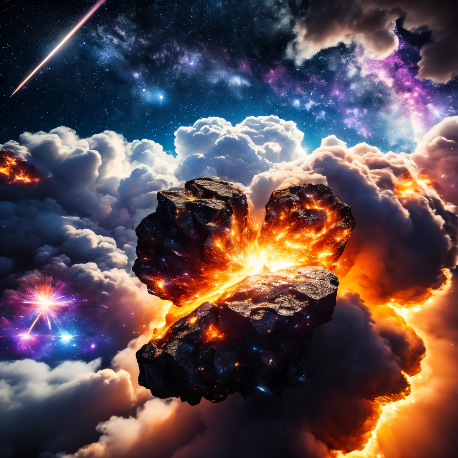 super high quality, 8k, RAW photo, realistic, detailed and delicate depiction and flashy and dynamic painting method, meteorite bursts into flames as it enters the atmosphere, background galaxy
