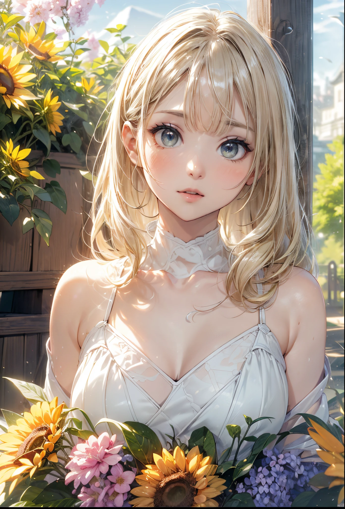 absurderes, ultra-detailliert,bright colour,(in 8K:1.3),masuter piece,(Smooth straight blonde hair:1.3), (Nostalgic landscapes:1.4),Four seasons fold々Scenery of, (Shiny hair:1.2),(Aligned bangs:1.4),Beautiful and aesthetic,concept-art,cherryblossom, wisteria, sunflowers, chrysanthemums, Colored leaves, Morning glory, bellflowers,