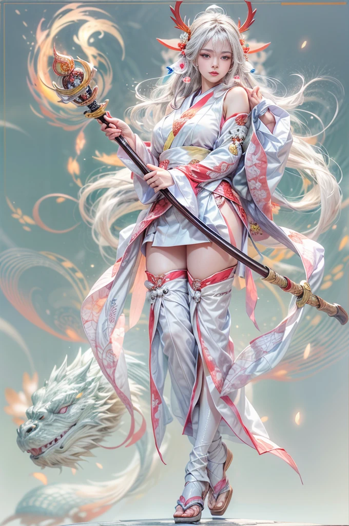 (Photoreal Stick:1.4, masutepiece:1..3, 8K), top-quality, masterpiece, 超A high resolution, Perfect dynamic composition, Professional camera work, Grow Light Effect, Mystical portrait, Cinematic Light, Highly detailed skin and facial texture:1.3, The ultra-detailliert, A detailed eye, (ride a white dragon, carry a long noble staff), (myterious:1.3, Fanciful:1.2, tradition:1.2, legends:1.2, majestueux:1.2), 1girl in, 25-years old, cute and sexy slim goddess, Fair skin, (A slight smil:0.9, Totally captivates you:1.0), (japanese miko costume:1.3), (voluptuous breasts:0.9), (Backshots, Calm pose), (Beautiful blue eyes, Eyes that feel beautiful eros:0.85), Sexy face:0.4, (A mouthfeel that feels beautiful eros:0.85), ((Too cute beauty:0.9)), Fantastic background