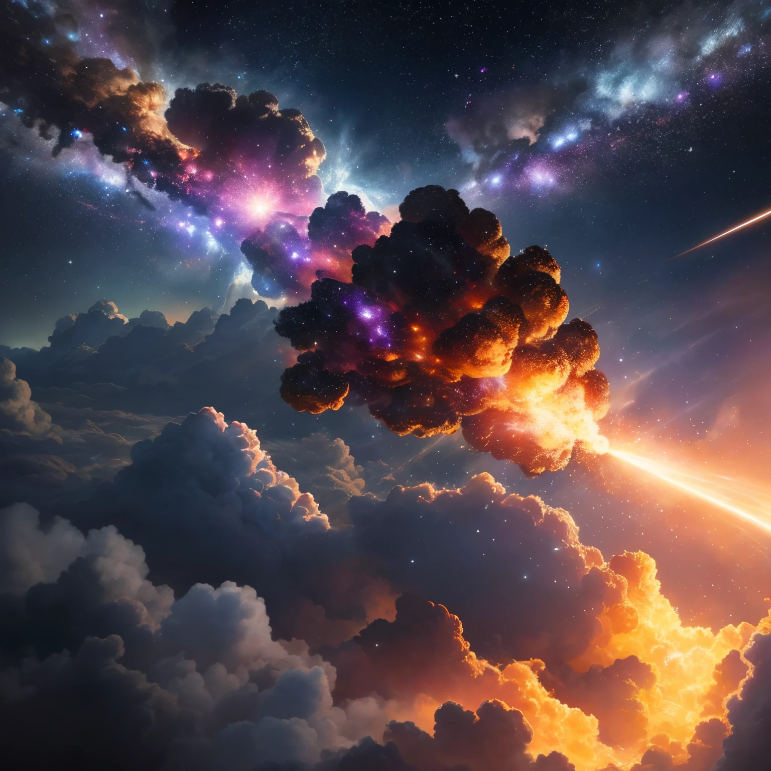 super high quality, 8k, RAW photo, realistic, detailed and delicate depiction and flashy and dynamic painting method, meteorite bursts into flames as it enters the atmosphere, background galaxy