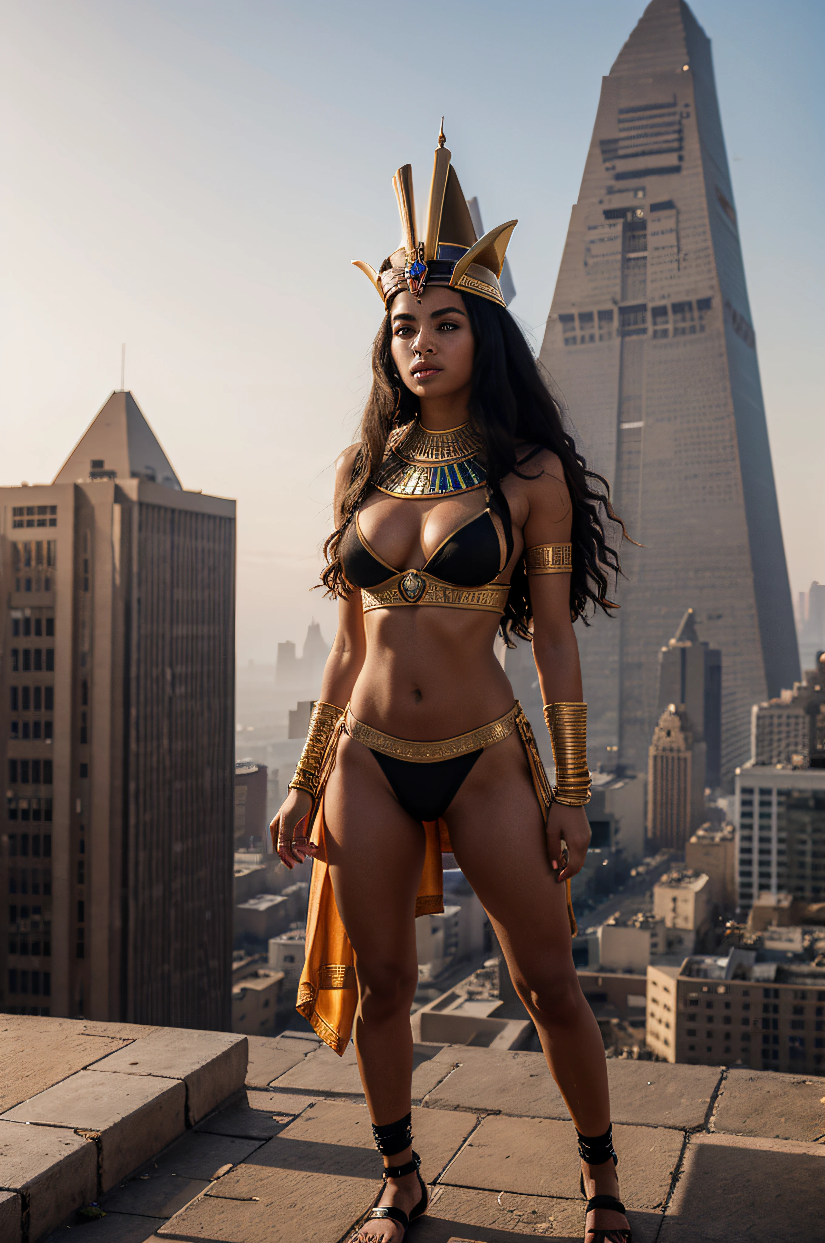A full body of a Egyptian goddess of love, dressed only with a small short Egyptian loincloth, stands, looking at the camera, atop a futuristic pyramid looking down at her many worshipers who stand on the streets among the Egyptian futuristic buildings watching her.