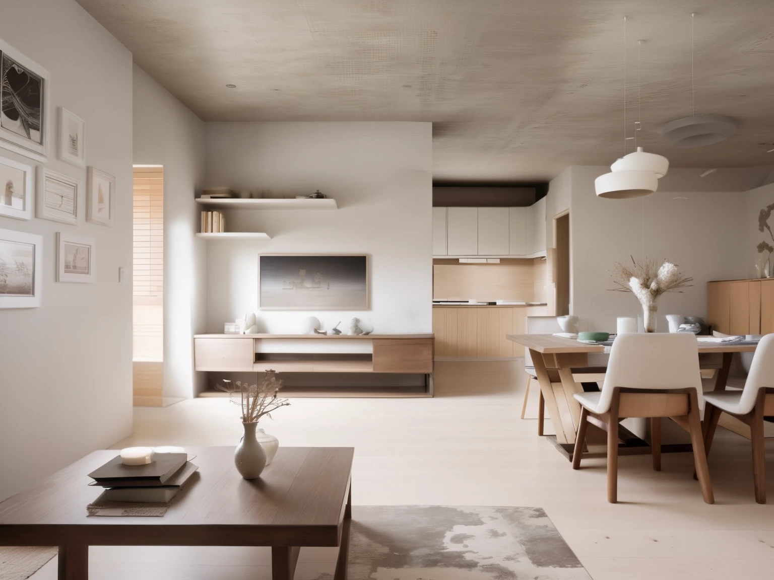 interior of a living room, daylight, muted tones, wooden floor, white ceiling, wabi sabi style, sharp image