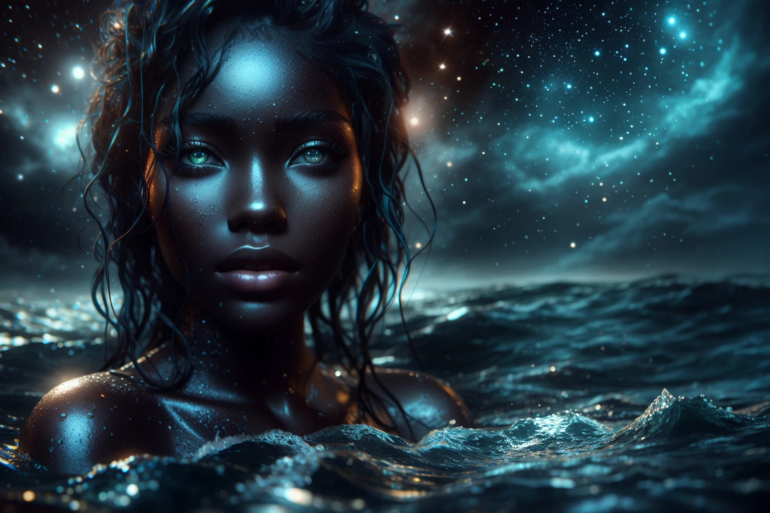Close-up of rough sea surface at night, sternhimmel, surreale dunkle jenseitige Stimmung, beautiful digital artwork, Atemberaubende digitale Illustration, Deviantart ArtStation CGSCOSIETY