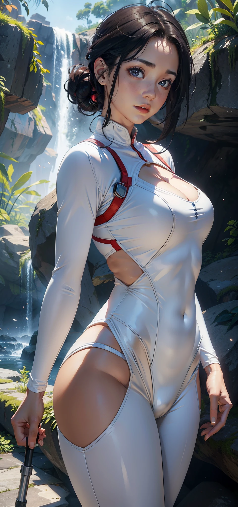 1female,45 yers old,Married woman,legs long, a slender waist, photo exposure, 独奏,(Background with:at a forest,the rainforest,in summer) She has short black hair,Redlip,The stands up,seen from the front, hair-bun, sky with many clouds,(((tmasterpiece),(Very detailed CG unified 8k wallpaper),Best quality,电影灯光,detailed back ground,Beautiful right eye pupil,(very delicate beautiful),(Beautiful and detailed eyes description),ultra - detailed,tmasterpiece,)),facing at the camera,A high resolution,ultra - detailed),a little bit chubby,overmany,Revealed,equipment, convex,Camel toes,Raised sexy,Iron Man,(dressed in:Iron Man,Naken mechanical exoskeleton,White jumpsuit)