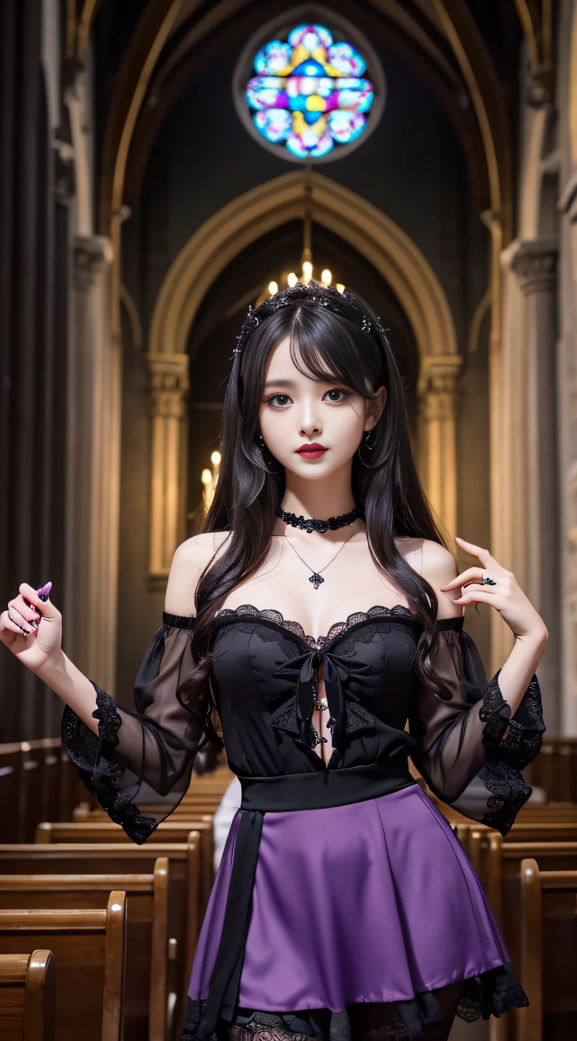 LTRA Details、Fascinating beauty、Dainty woman、Cool Girl、Wavy Hair、Black chiffon dress、Wide sleeves、flered skirt、Black pantyhose、Evil Female Executive、Evil Fall、brainwash、lacy fabric、Glossy legs、black lipstick、Evil look、Suspicious look、Hollow eyes、wicked、Reaching out、Arms up、In the Church、Palm forward、Purple Lipstick、Pendants
