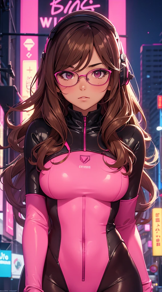 Masterpiece, best quality, 1 girl, brown wavy hair, glasses, pink body suit, headphones, looking at viewer, sexy, alluring, city at night, neon, 80s, synthwave