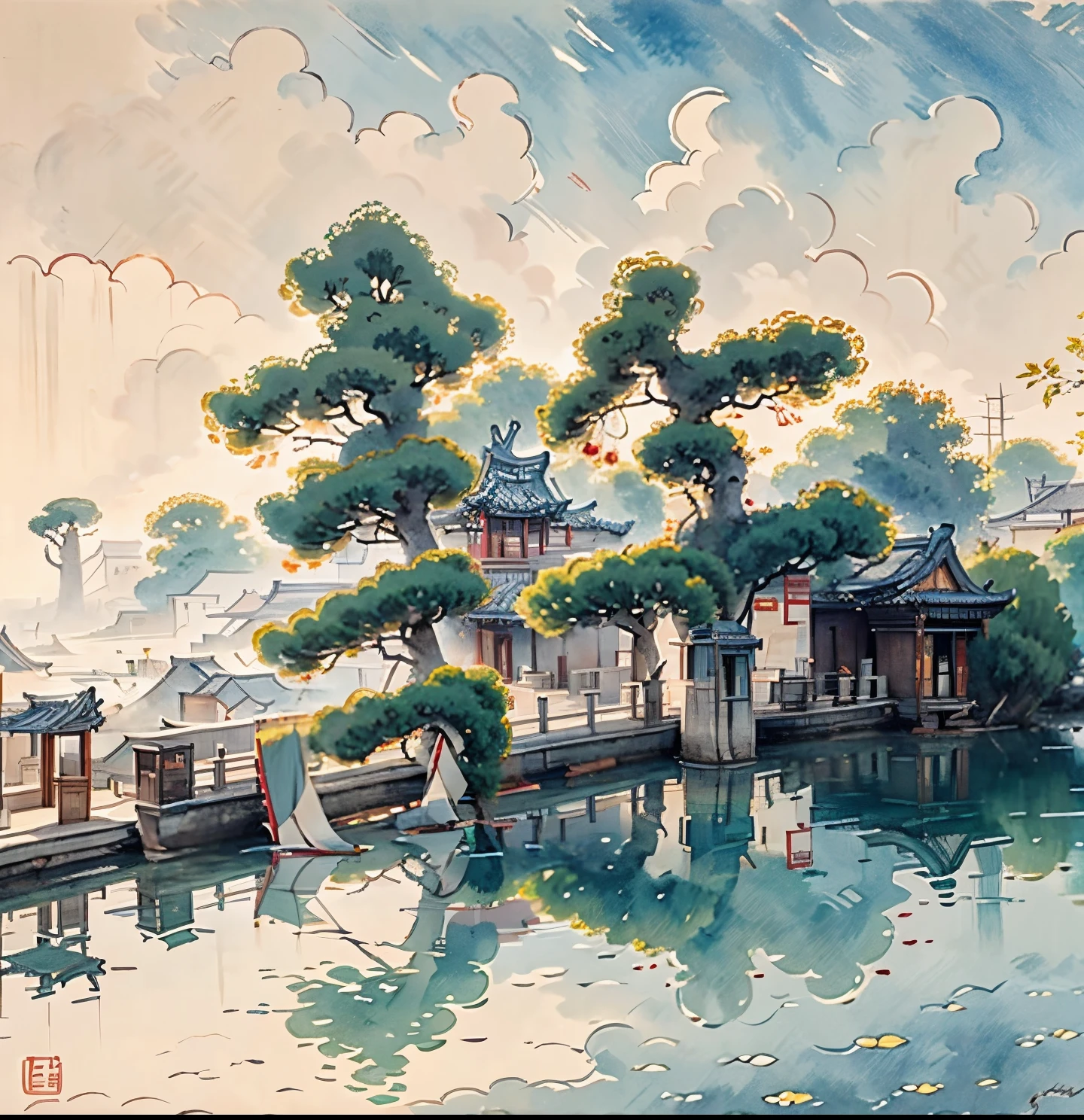 （Depth of field effect）Ancient Chinese buildings on an isolated island，kiosk，Bamboo miscellaneous tree，cloud，green trees，Orange trees, chinese watercolor style, chinese painting style, Chinese landscape, traditional Chinese watercolor painting, chinese paintings, High detail watercolor 8K, highly detailed water colour 8 k, Reflection on the Seine，click a little，The boundaries between light and shadow are clear，light and shadows，light and shadow effect，The background  blurred