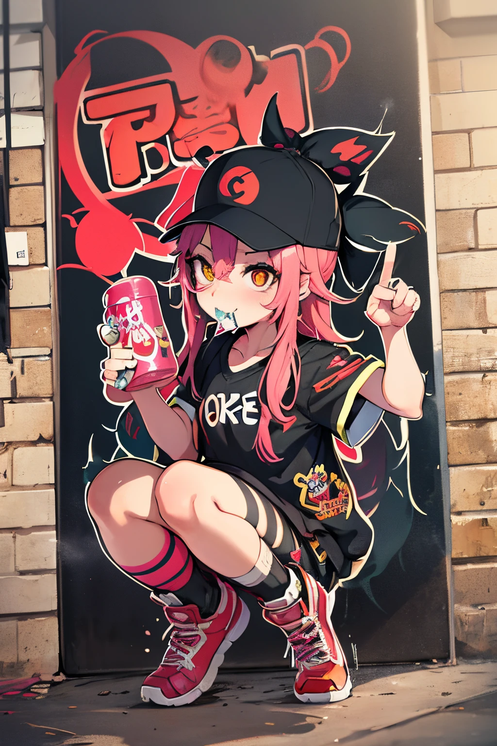 A graffiti art style sign for a shop called guranyuu-farm, featuring an anime style girl in street fashion, biting a juicy minitomato, with a spray paint effect. The background is a brick wall with the shop name and slogan 'Fresh and delicious tomatoes' in graffiti letters.