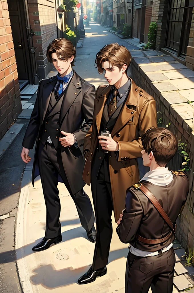 (absurderes, hight resolution, ultra-detailliert), masutepiece, Best Quality, 3 Male, Handsome, Black hair, Brown hair, dressed casually, Back alley in the background, Best light and shadow, trio friends, 1 man with black hair, 1 brown haired man, 1 blonde man, Tall handsome man, Korean style, 3 Friends:, trio friends pose, attractive male.、period costume