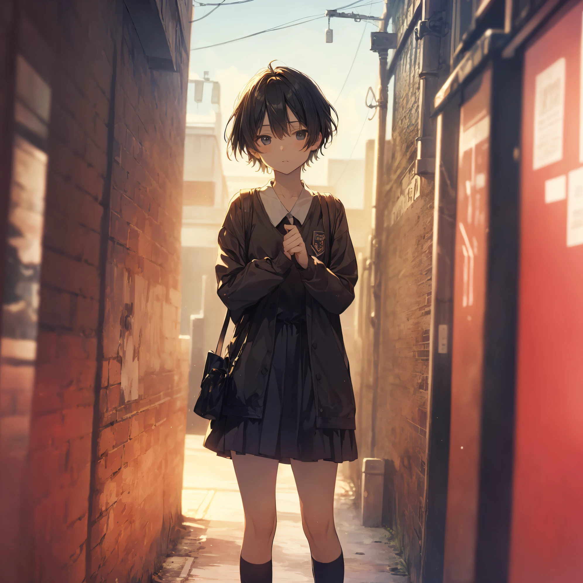 ((top-quality, god quality, Ultra-detailed, High resolution,super detailed skin,anime moe art style,Best Anime 8K Konachan Wallpapers,Pixiv Contest Winner,Perfect Anatomy)),BREAK, (Draw a girl sleepily walking to school. ),BREAK, 1girl is a cool beautiful girl, (Solo,Lori,,13yea:1.3),a junior gynous attraction, (Center part very short hair),hair messy, Forehead, Full limbs, complete fingers,flat chest, Small butt, groin, Small eyes,Beautiful detailed black eyes,Well-proportioned iris and pupils,disgusted eye, Famous Japanese school uniforms, Skirt,On the way to school. BREAK, Best lighting by famous artists, 8K, Illustration,