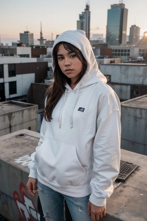 A model in a blank white hoodie,
striking a pose on a graffiti-covered city
rooftop at sunset. The photo, shot in a
cinematic style, recalls the urban
exploration photography of JR. Taken
with a Leica Q2 Monochrom, Summilux
28mm f/1.7 ASPH lens; 1/500 sec at
f/8.0
--ar 2:3 00 --v 5.2 --q 2 --style raw --s 2