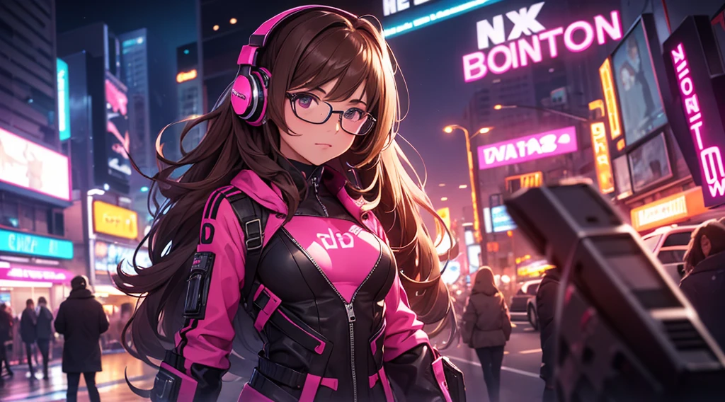 Masterpiece, best quality, dutch angle shot, 1 girl, brown wavy hair, glasses, futuristic pink body suit, headphones, looking at viewer, sexy, alluring, city at night, neon, 80s, synthwave