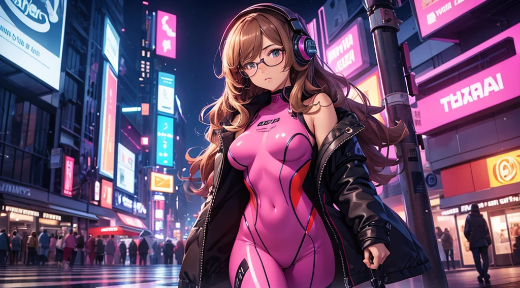 Masterpiece, best quality, dutch angle shot, 1 girl, brown wavy hair, glasses, futuristic pink body suit, headphones, looking at viewer, sexy, alluring, city at night, neon, 80s, synthwave