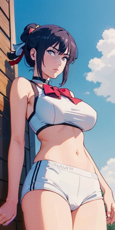 miyamizu_mitsuha, red bowtie,
jewelry, white yoga crop top, white yoga tight shorts, hands on chest,see-through, looking at viewer,  hair ornament, choker, shy,
(masterpiece, top quality, best quality, official art, beautiful and aesthetic:1.2), (1 girl), extreme detailed,  colorful, highest detailed,
(huge breasts:1.2, upper body, from below,  cameltoe,  ) white panties,
china city,street,  sun, cloud, wall, leaning,