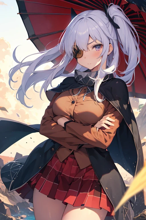Best Quality,High resolution, Ultra-detailed,Game CG,Dutch Angle,Beautiful detailed eyes,Five Fingers,NSFW,a beauty girl,Cowboy Shot, Solo, 1girl in, Yanagi Genran Kagura\), Front view, arms folded,deadpan, Closed mouth,Twin-tailed, an eye patch, Long-sleeved uniforms, Cape, plaid skirts, Ban umbrella
