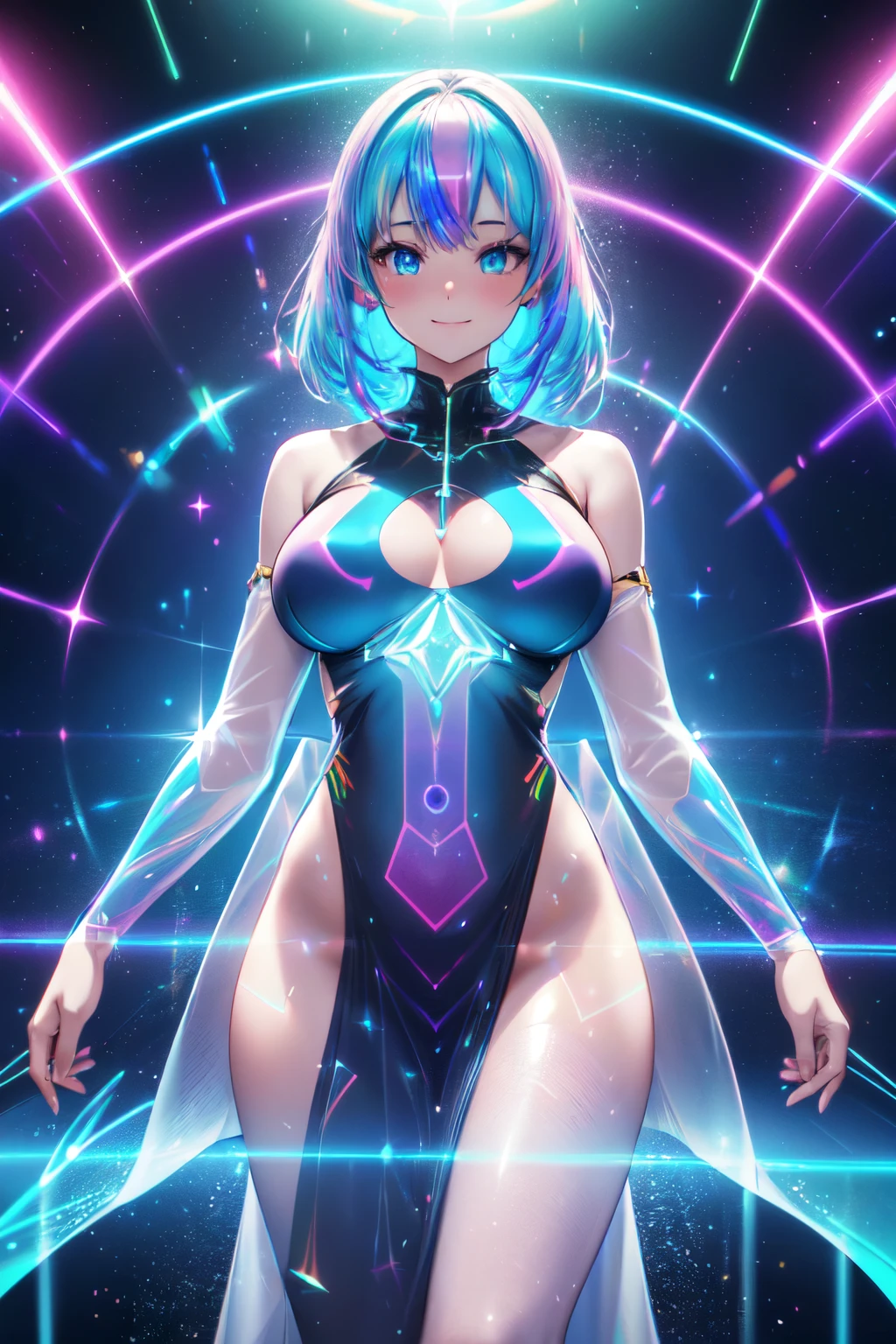 (High quality, High resolution, Fine details), (digitalistic), (holographic woman:1.5), glowing skin, rainbow colors, shimmering hair, vibrant makeup, futuristic setting, soft lighting, ethereal background, colored lights, (transparent dress:1.5), radiant energy, futuristic technology, wisps of holographic particles, (hologram projection:1.5), (subtle holographic effects:1.5), (holographic patterns:1.5), graceful pose, luminous aura, science fiction artwork, neon accents, solo, curvy women, sparkling eyes, (Detailed eyes), smile, blush, shallow depth of field