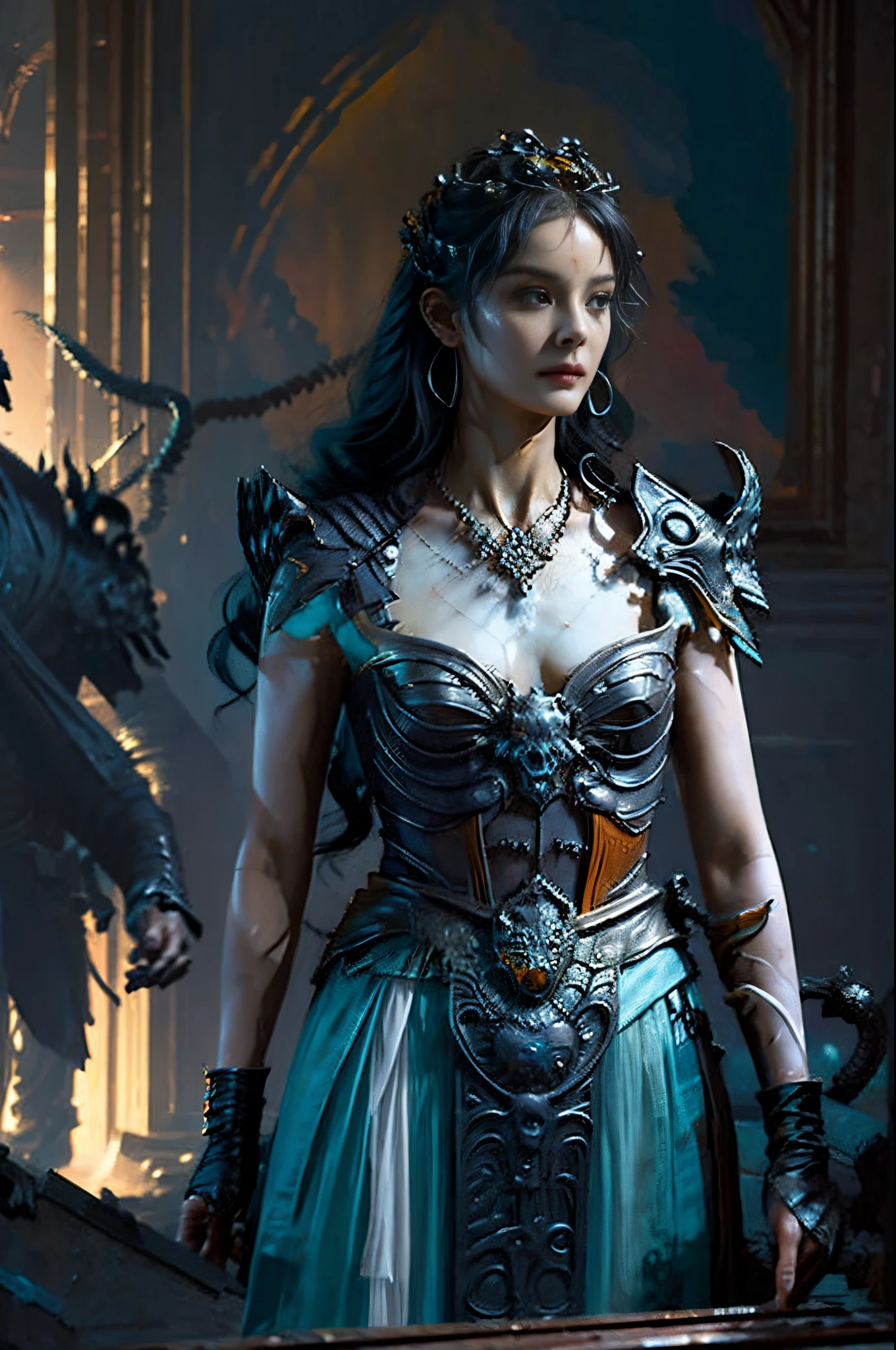 's, gothic art, lightand shade contrast, Standing painting, estimate, holland angle, emphasis lines, tmasterpiece, acurate, Anatomically correct, A high resolution, Best quality at best, super detailing, Award-Awarded,D14bl0 style medusa,((1girl)),((yangmi)), (4 arms), greek myth, Lamia,((Clean skin)),((详细's脸)),((Clean face)),((詳細な目)),((correct hand)),((Correct anatomy)), Epic war fantasy digital art,(greg rutkovsky:0.8), (cyan and orange:0.4),People drawing, Standing painting