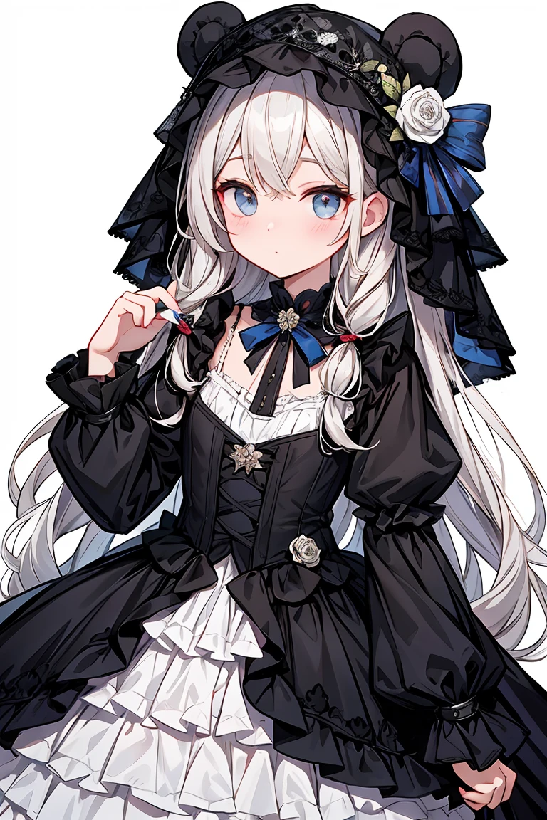 8K、best quality face、Top Quality Eyes、wear bear ears、She has an enduring elegance and innocence、Its excellence 、It is a noble gothic loli fashion、In the work of the artist of hyperrealism、Every detail of her is lovingly drawn.。Her outfit 、In pure white and black dresses、The essence of Gothic Loli fashion is determined.......。Realistic reproduction of velvet and silk textures、High-quality lace and ribbons stand out、The entire dress is embroidered with roses.、All of it emphasizes her innocence、 He wears a black hood on his head、Outline studded with small pearls、Elegant décor、Depicted with her innocence、Innocent eyes that captivate the viewer、Pure charm comes to the fore、It's the best masterpiece I've ever made、A glamorous young body overflowing under high-quality costumes,