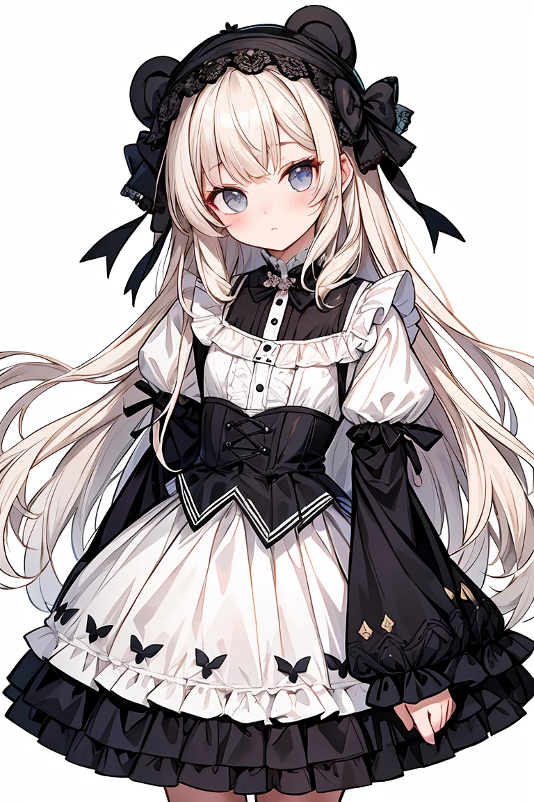 8K、best quality face、Top Quality Eyes、wear bear ears、She has an enduring elegance and innocence、Its excellence 、It is a noble gothic loli fashion、In the work of the artist of hyperrealism、Every detail of her is lovingly drawn.。Her outfit 、In pure white and black dresses、The essence of Gothic Loli fashion is determined.......。Realistic reproduction of velvet and silk textures、High-quality lace and ribbons stand out、The entire dress is embroidered with roses.、All of it emphasizes her innocence、 He wears a black hood on his head、Outline studded with small pearls、Elegant décor、Depicted with her innocence、Innocent eyes that captivate the viewer、Pure charm comes to the fore、It's the best masterpiece I've ever made、A glamorous young body overflowing under high-quality costumes,