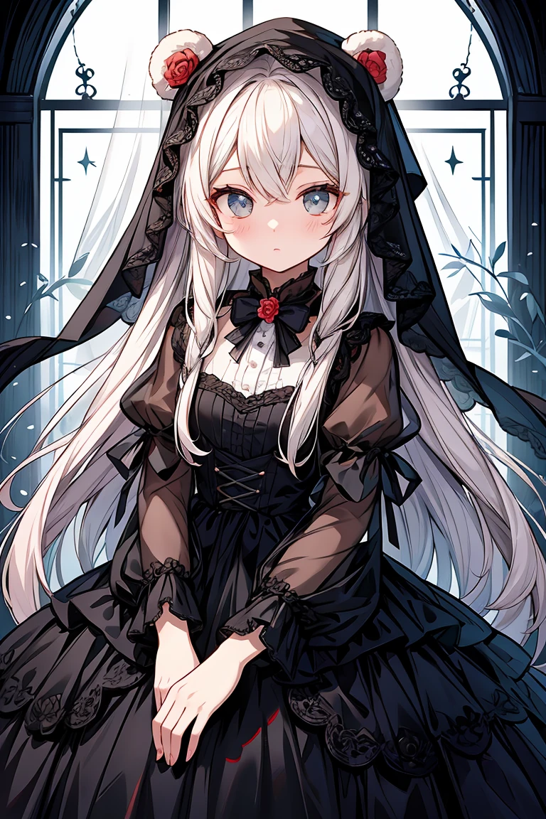8K、best quality face、Top Quality Eyes、wear bear ears、She has an enduring elegance and innocence、Its excellence 、It is a noble gothic loli fashion、In the work of the artist of hyperrealism、Every detail of her is lovingly drawn.。Her outfit 、In pure white and black dresses、The essence of Gothic Loli fashion is determined.......。Realistic reproduction of velvet and silk textures、High-quality lace and ribbons stand out、The entire dress is embroidered with roses.、All of it emphasizes her innocence、 He wears a black hood on his head、Outline studded with small pearls、Elegant décor、Depicted with her innocence、Innocent eyes that captivate the viewer、Pure charm comes to the fore、It's the best masterpiece I've ever made、A glamorous young body overflowing under high-quality costumes,