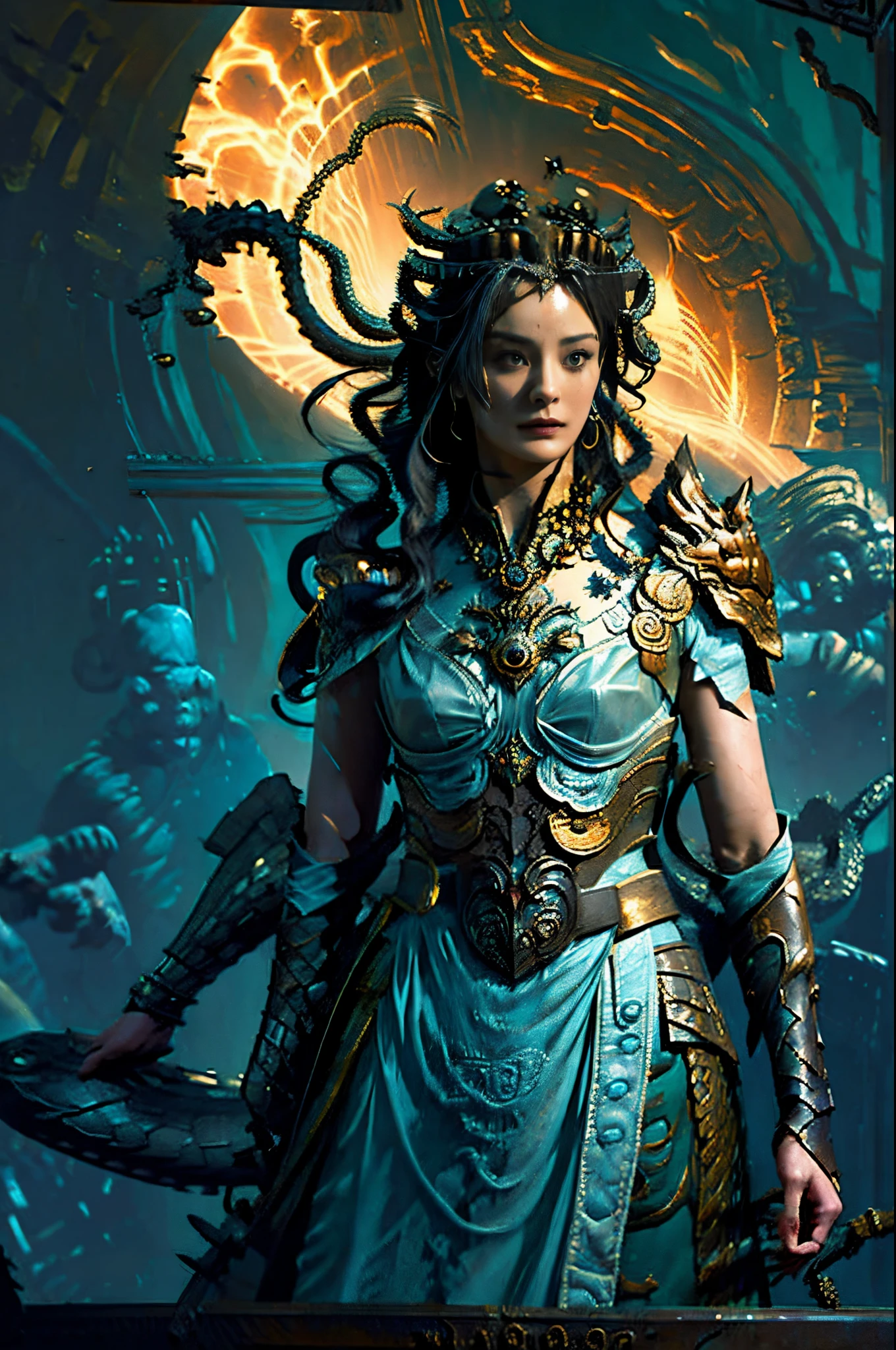 's, gothic art, lightand shade contrast, Standing painting, estimate, holland angle, emphasis lines, tmasterpiece, acurate, Anatomically correct, A high resolution, Best quality at best, super detailing, Award-Awarded,D14bl0 style medusa,((1girl)),((yangmi)), (4 arms), greek myth, Lamia,((Clean skin)),((详细's脸)),((Clean face)),((詳細な目)),((correct hand)),((Correct anatomy)), Epic war fantasy digital art,(greg rutkovsky:0.8), (cyan and orange:0.4),People drawing, Standing painting